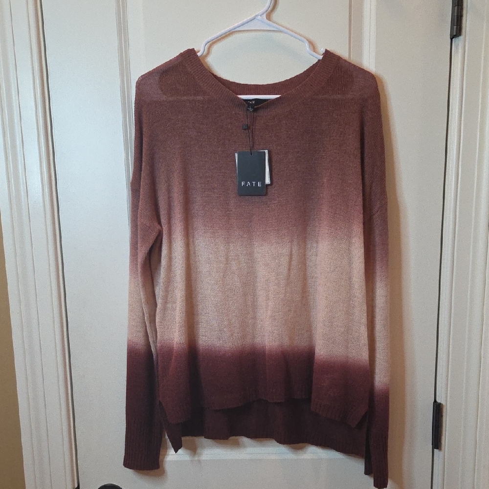 NWT Fate Brown Crew Neck Wool Cashmere Sweater with Ombre Design in L